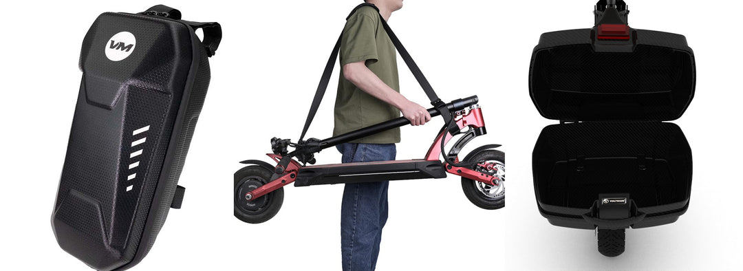 Collection montage featuring a handlebar storage pouch, e-scooter carry strap, and the Voltrium Rear Storage Case designed for the Voltrium Rogue Series.