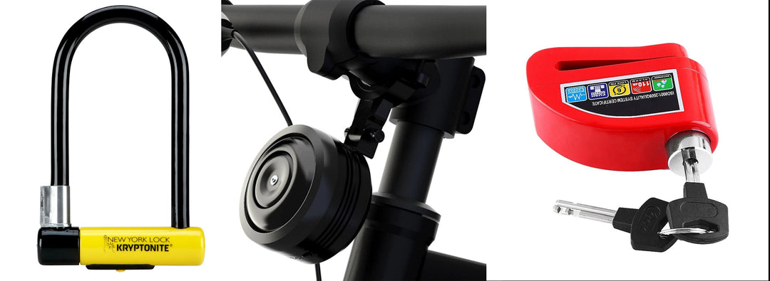 Image of a Kryptonite U-Lock, disc brake lock with alarm, and a stand-alone motion sensor alarm, showcasing reliable anti-theft solutions for electric scooters and bikes.