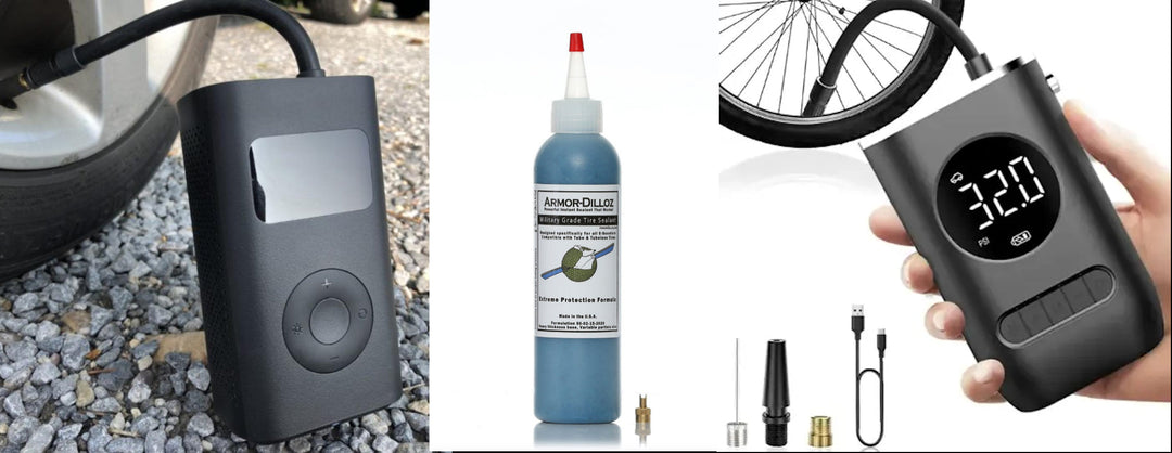 Image of portable air pumps and tyre sealants, including digital inflators and puncture sealant solutions for bikes, scooters, and vehicles.