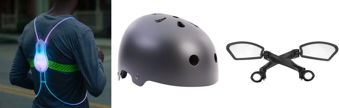 Montage of a protective helmet, rear-view mirrors, and the Tracer2 safety light, representing essential safety gear for electric scooters and bikes.