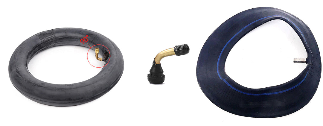 Image of premium inner tubes with angled and straight valves, showcasing durable rubber designs for electric scooters and bikes.