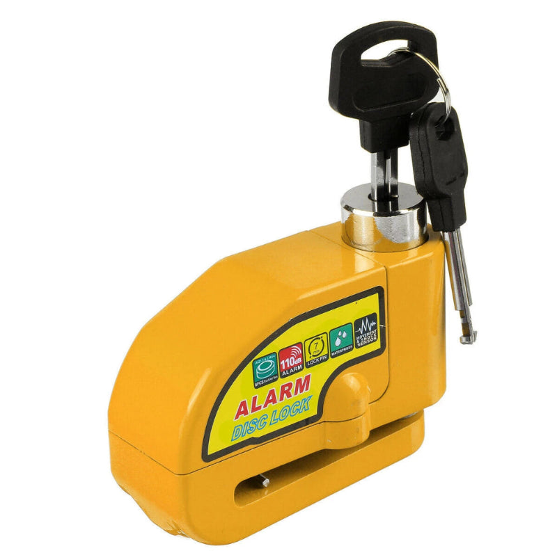 Yellow Disc Brake Lock Alarm with keys inserted - Anti-theft motorbike and scooter security.
