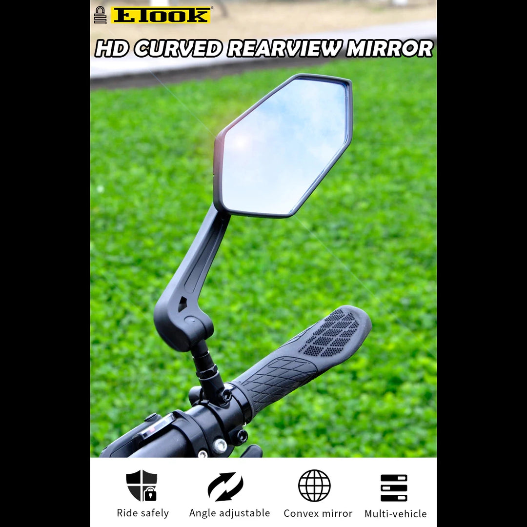 ETOOK HD Curved Rearview Mirror installed on an electric scooter handlebar for safer riding.