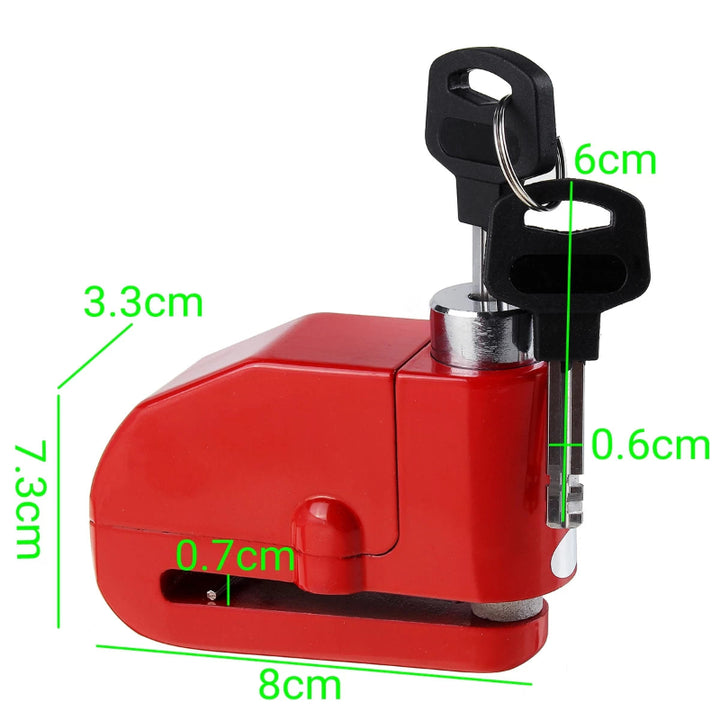 Red Disc Brake Lock Alarm with measurement dimensions annotated.