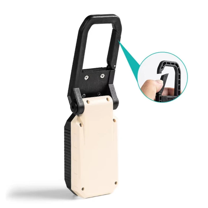 Work light’s integrated hook feature for hanging on various surfaces.