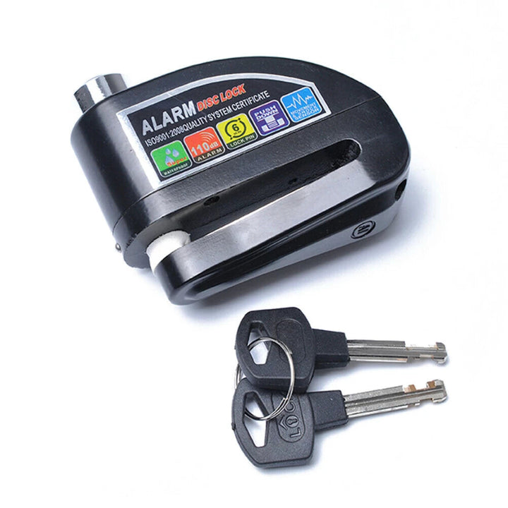 Black Disc Brake Lock Alarm with keys, anti-theft security for scooters and motorcycles.