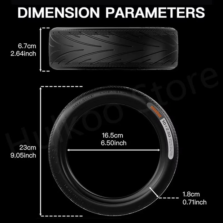 Diagram showing full dimensions of the 10x2.5 Ninebot tyre in millimetres and inches.