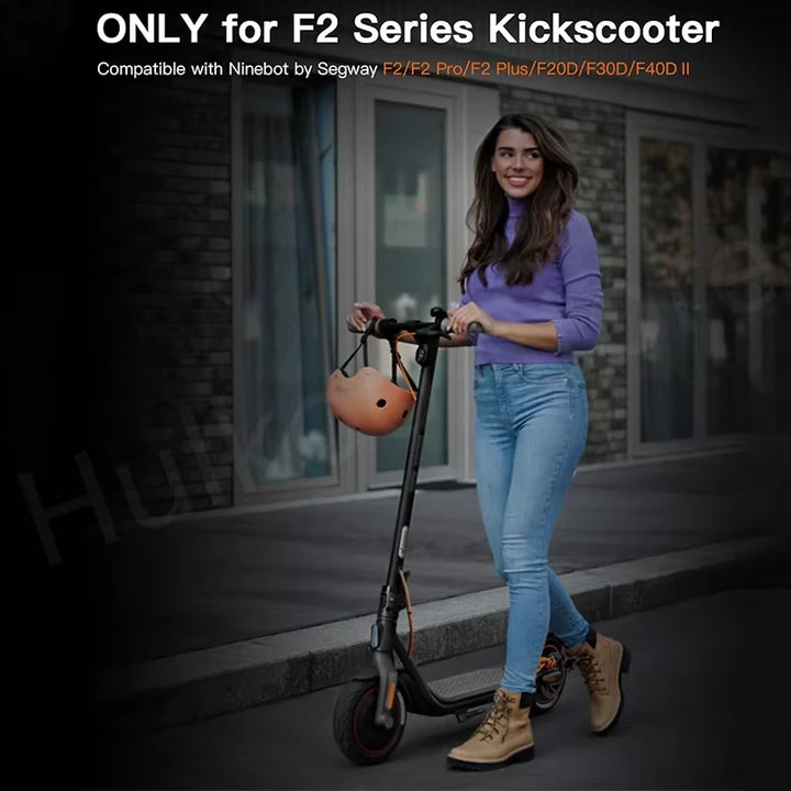 Lifestyle image showing compatibility with Ninebot F2 series scooters including F2, F2 Pro, and F2 Plus.