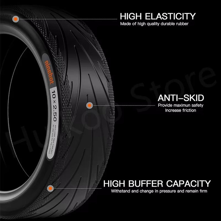 Marketing graphic showing features of the tyre: high elasticity, anti-skid tread, and buffer capacity.
