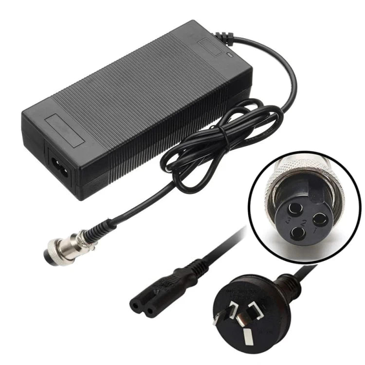 AU plug 3-pin charger for electric scooters, with close-up inset of GX16-3 Female Plug and Australian Plug