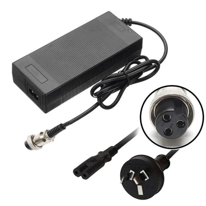 AU plug 3-pin charger for electric scooters, with close-up inset of GX16-3 Female Plug and Australian Plug