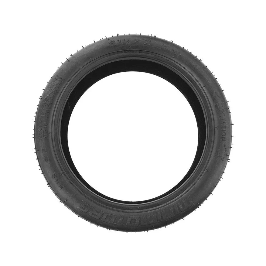 Profile view of Original MiniMotors 8.5x2 tyre showing 8 1/2 x 2 Sizing and MiniMotors branding, compatible with Dualtron Mini scooters