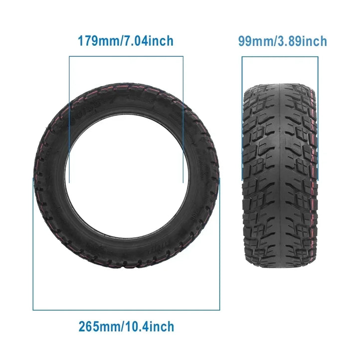 Dimensional diagram of 90/55-7 tyre with width 99mm, outer diameter 265mm and inner diameter of 179mm for Ninebot GT1/GT2