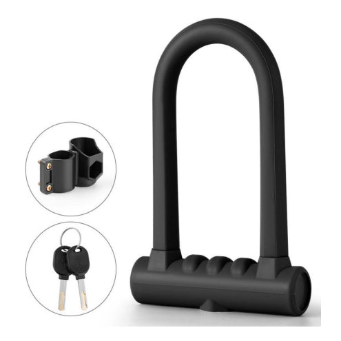 Black Anti-Theft Small Rubber Coated, Waterproof D-Lock with keys and mounting bracket