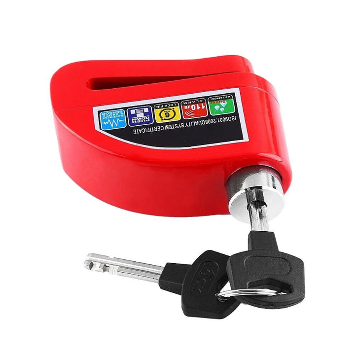 Red Disc Brake Lock with shock and motions sensor alarm, with keys inserted in the lock