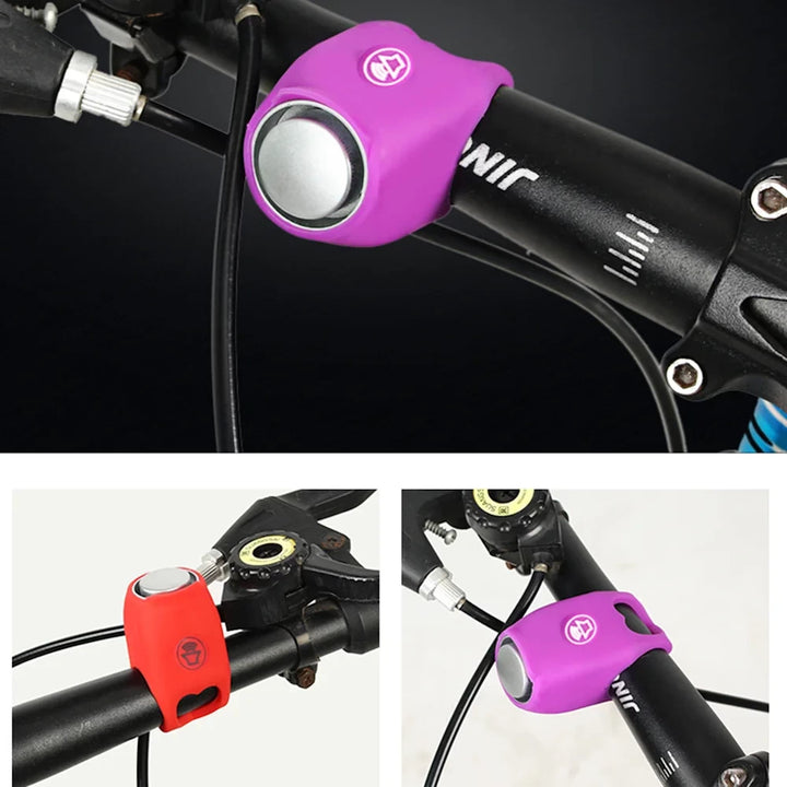 purple silicone handlebar horn fitted on bike with easy strap mount.