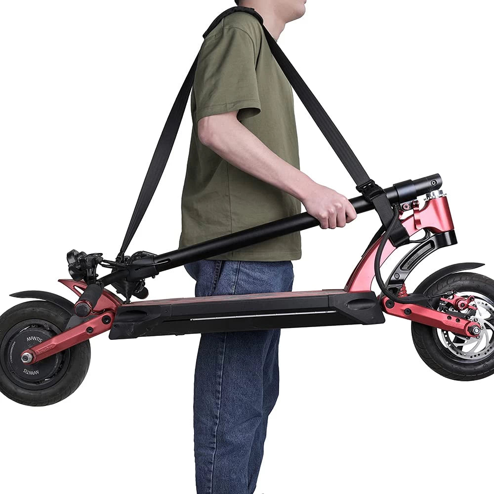 Man using a shoulder strap to carry a red electric scooter with ease - hands-free convenience for heavy scooters, from EcoMotion.com.au