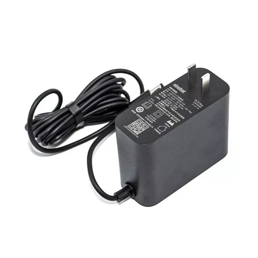 Front view of Ninebot charger for E2 and E2 Plus, showing technical specifications and plug prongs. Comes with adapter for use in Australia.