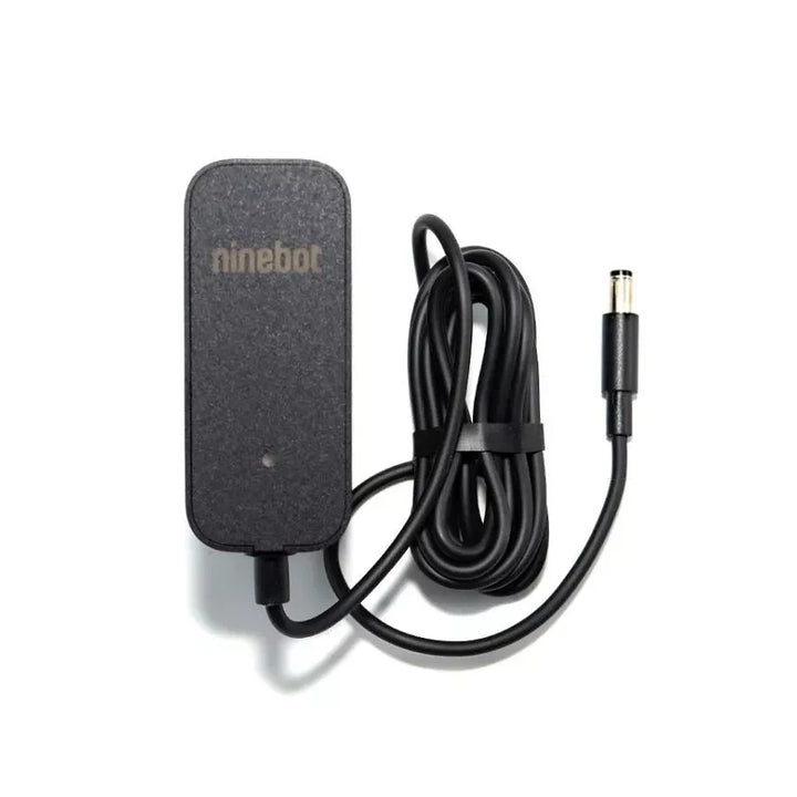 Top-down view of original Ninebot E2 charger with coiled cable and connector plug