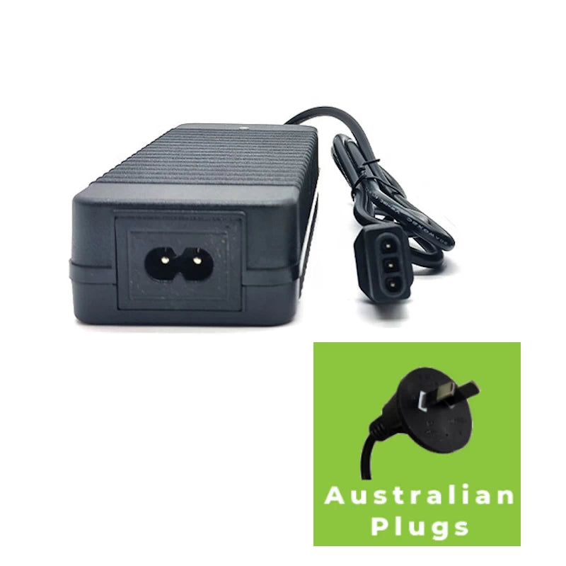 Close up of inline 3-pin plug of 53.5V 2A charger for NIU KQi2 and KQi3