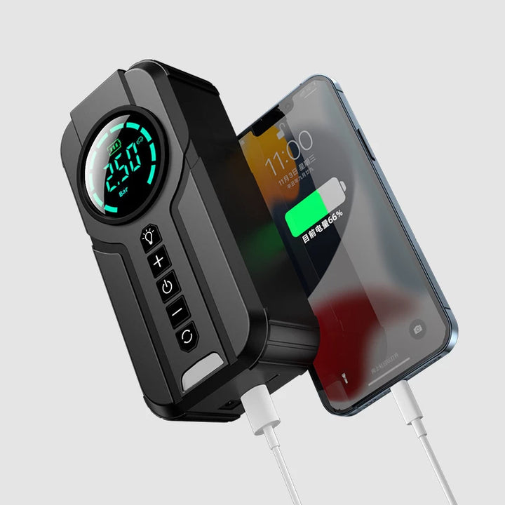 Edsun YX1819 air pump used as a power bank to charge a smartphone, showcasing its versatile functionality as both an inflator and a mobile charging solution.