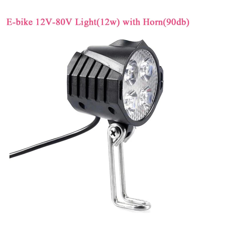 E-bike light with horn, ABS plastic build, 12W power, with 90-120dB horn sound output.