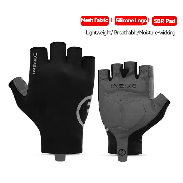 Black INBIKE half-finger lightweight cycling gloves palm and rear view, highlighting the mesh fabric & SBR palm padding.