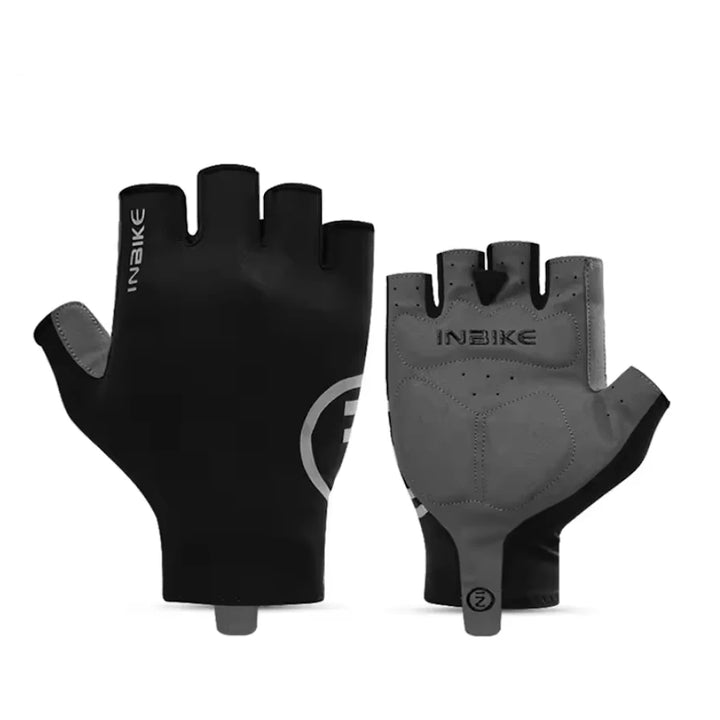 Palm and rear view of black INBIKE half-finger cycling gloves