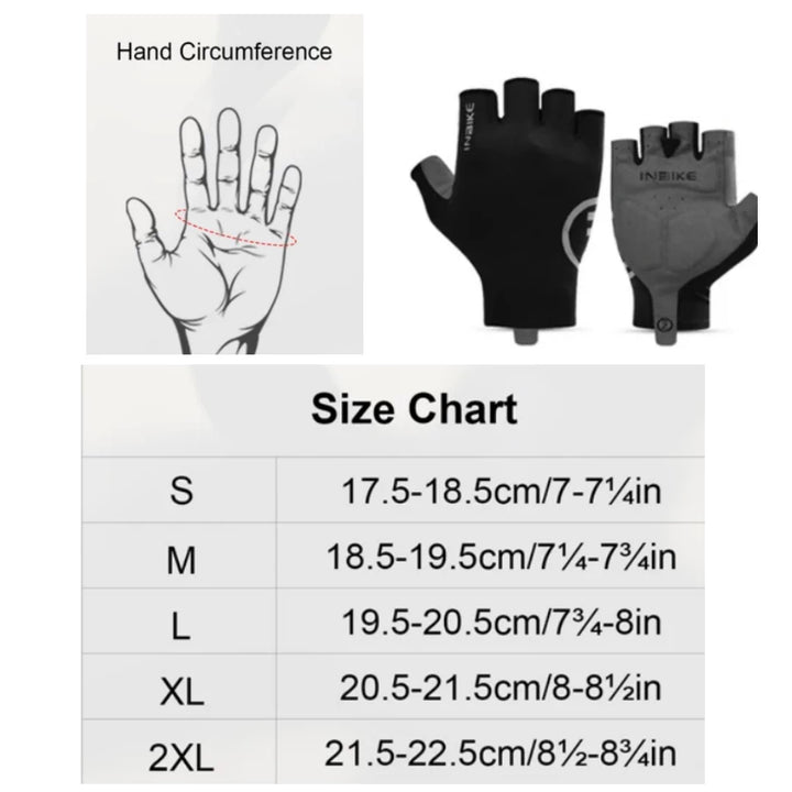 INBIKE half-finger cycling gloves size chart showing hand circumference measurement guide