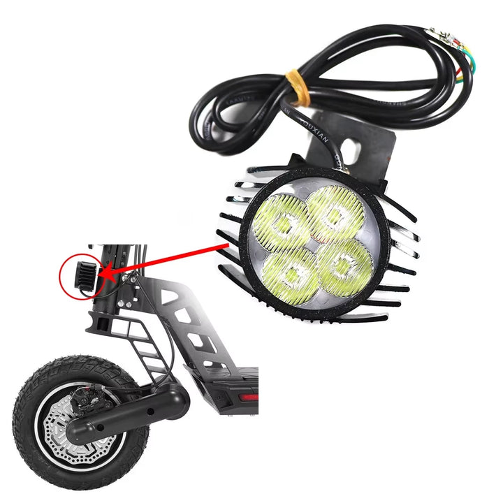 Zoomed-in image showing Kugoo G2 Pro headlight mounted on electric scooter front frame