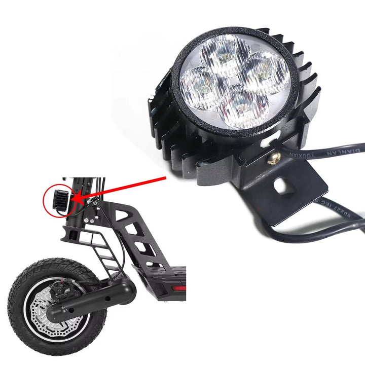 Headlight installed on Kugoo G2 Pro scooter, red arrow highlights mounting location on front stem