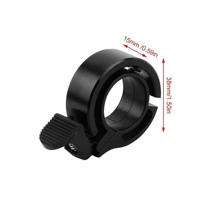 Invisible Q bike bell with dimensions, showing compact size and compatibility with various handlebar sizes.