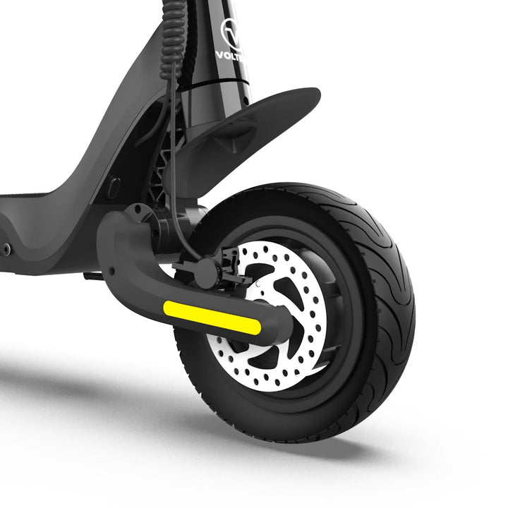 Close-up of the front hydraulic disc brake on the ION Max Dual Motor for optimal stopping power.