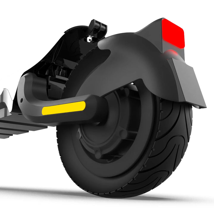 Low-angle shot of rear wheel with integrated lighting and motor.