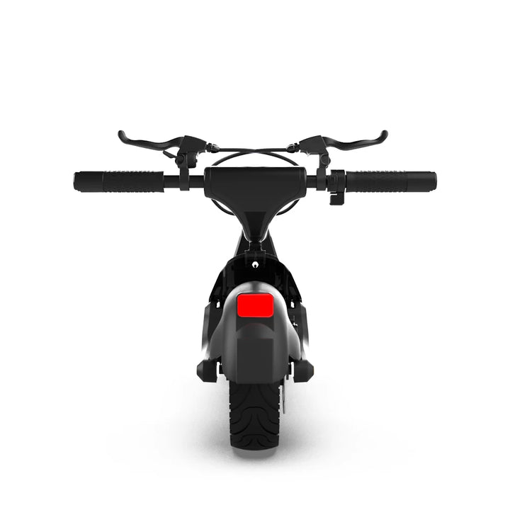 Folded scooter from a reverse angle, showing compact size.