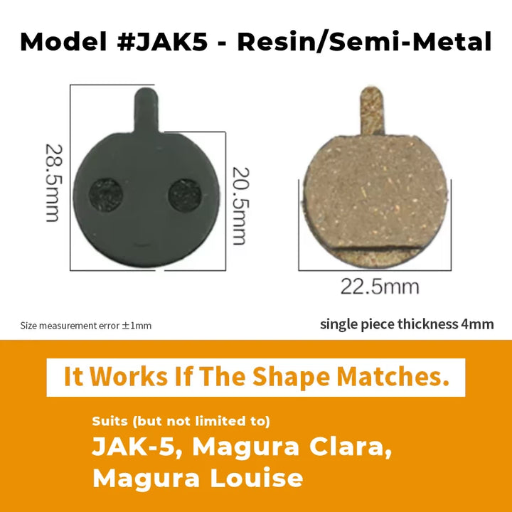 Model #JAK5 Resin/Semi-Metal brake pads for JAK-5, Magura Clara, Magura Louise