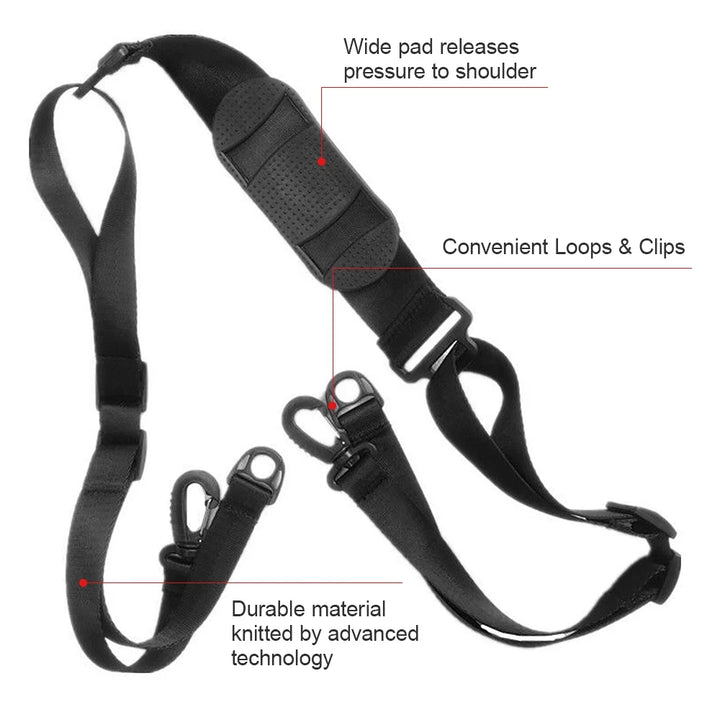 Highlighted features: wide shoulder pad, durable Oxford strap, and quick-release loops.