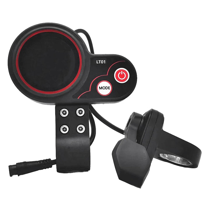 LT01 colour LCD display and thumb throttle controller for Kaabo electric scooters, shown front-facing with power and mode buttons visible