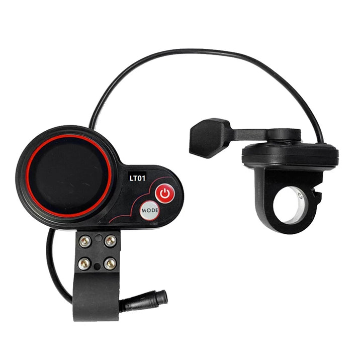Complete LT01 LCD throttle unit for Kaabo scooters with wired thumb accelerator and handlebar clamp shown from above