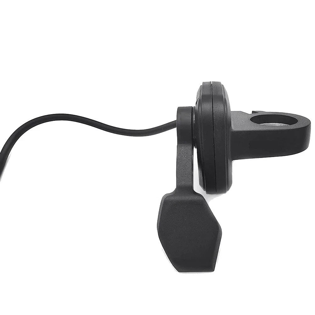 Side view of standalone thumb throttle component from the LT01 display system, handlebar mounting ring shown