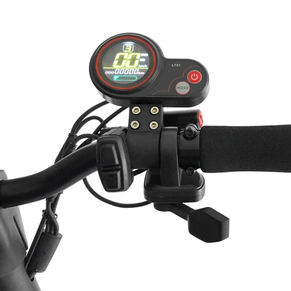 LT01 LCD throttle fully installed on Kaabo electric scooter handlebar, display illuminated and thumb control mounted below grip