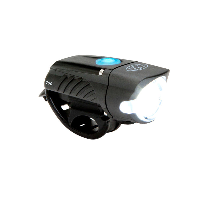 NiteRider Lumina Swift 500 compact LED bike headlight with side visibility strips and blue power button.