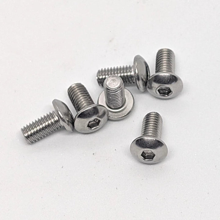 A set of 6 stainless steel M5 x 10mm BUTTON head screws