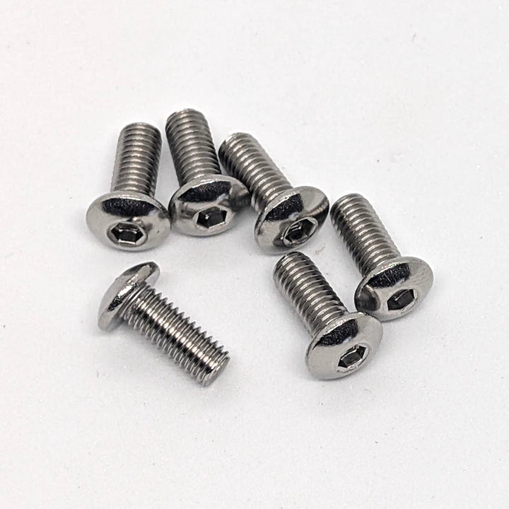 A set of 6 stainless steel M5 x 12mm BUTTON head screws