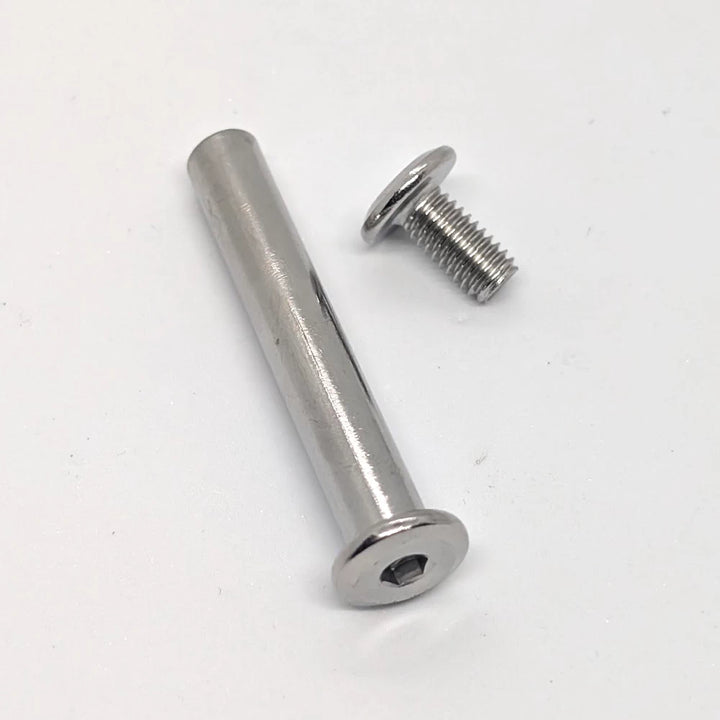 close-up of A2-304 stainless steel pivot bolt and locking sheath/sleeve.