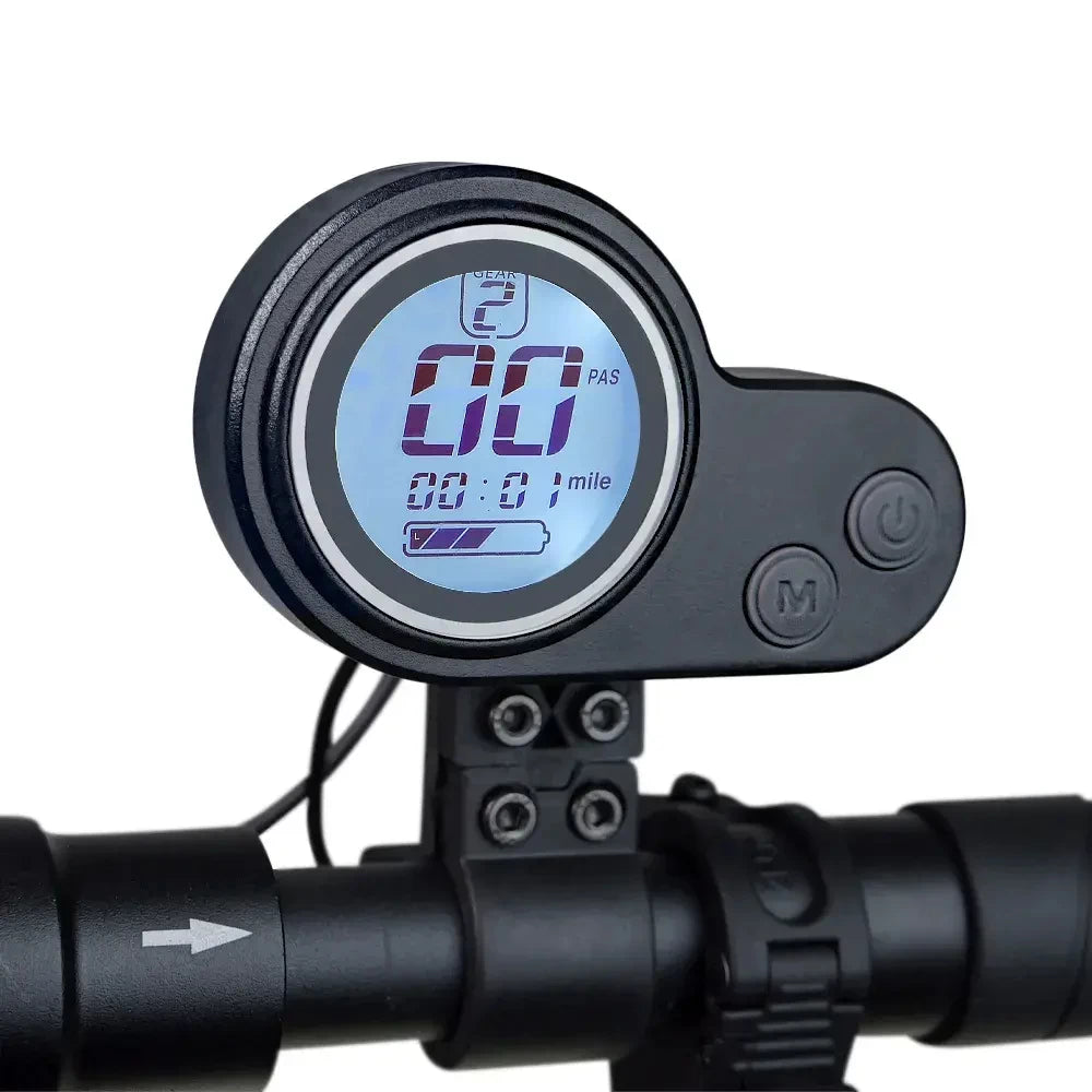 Close-up of the EMOVE Cruiser vertical thumb throttle featuring a bright LCD display with ergonomic thumb control.