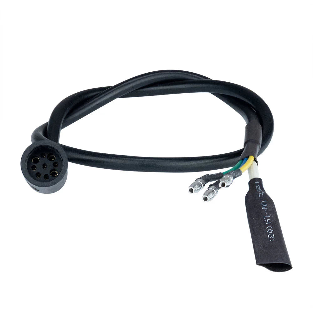 Plug and Play motor extension cable for EMOVE Cruiser 1000W electric scooter, featuring a 9-pin plug which connects directly to the 1000W motor, plus bullet connectors for easy installation and motor upgrade compatibility.