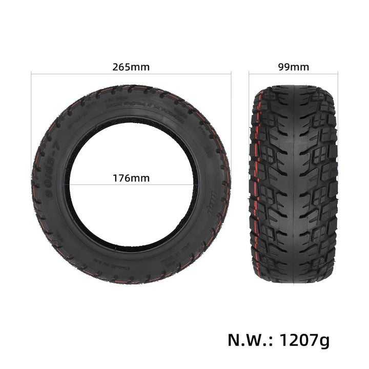 Dimensional diagram of 90/55-7 self-healing tyre showing outer diameter 265mm, inner diameter of 176mm and tyre width of 99mm