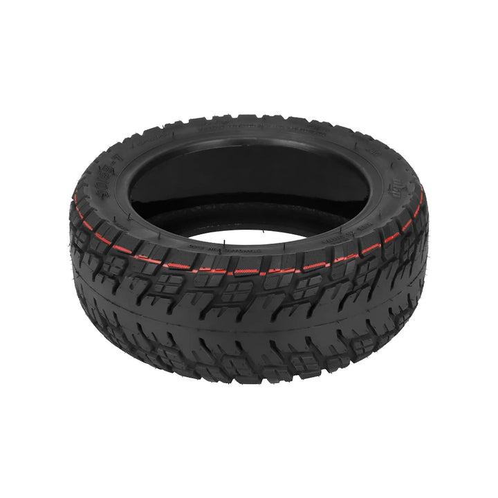 lat-lay view of 90/55-7 self-healing tubeless scooter tyre showing reinforced sidewalls and red tread line
