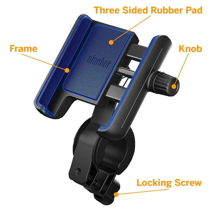 Ninebot phone holder illustrating Phone-width adjustment knob, Locking Screw and three-sided rubber padding to securely hold and protect your smart phone.
